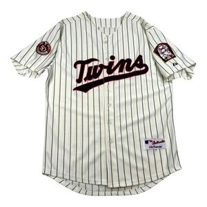 Minnesota Twins Baseball Jersey Mens 50 White Pinstripe MLB Majestic 50 Seasons